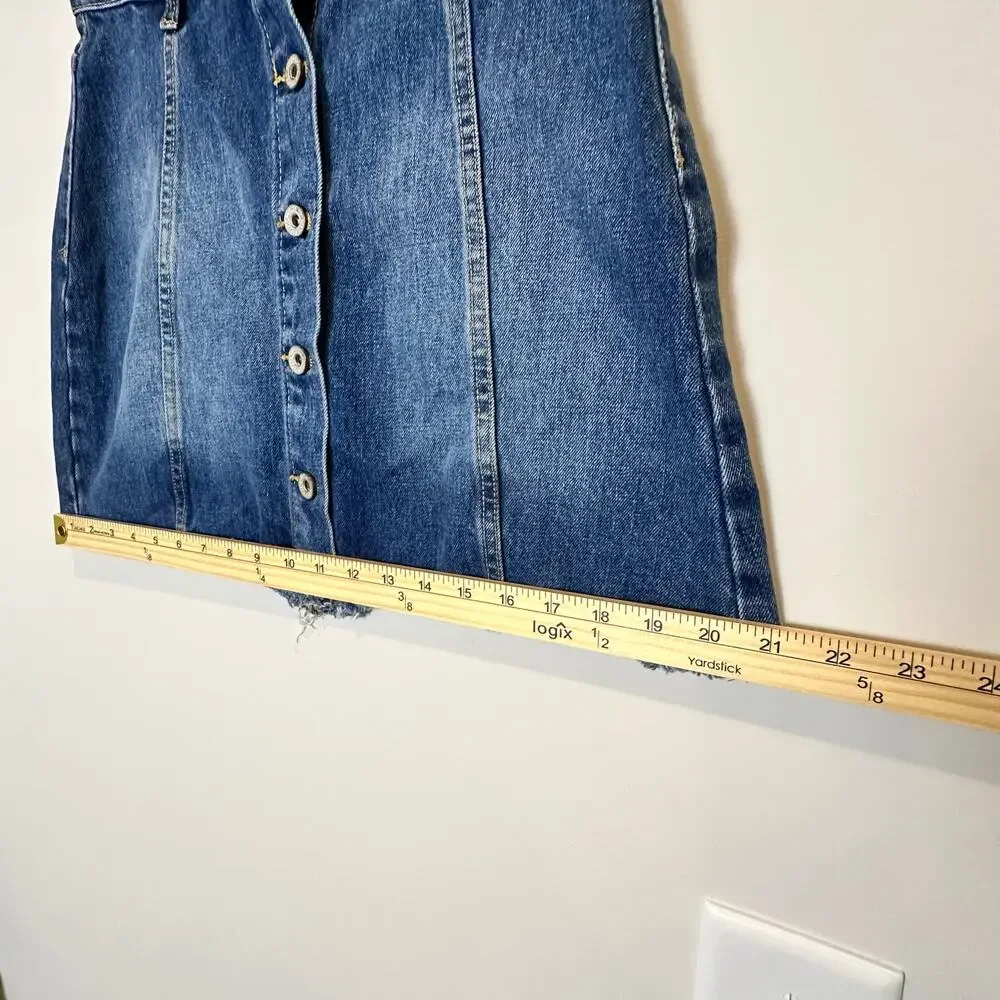 Forever 21 Denim Mini Skirt 26 Blue Button Front Raw‎ Hem Y2K Festival Indie